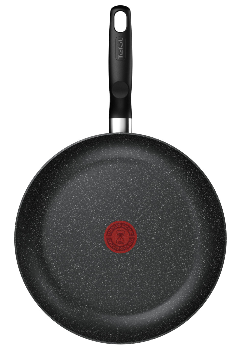 Czarna patelnia z okręgiem Thermo-Signal i rączką Tefal.