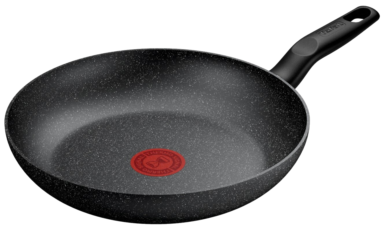 Czarna patelnia Tefal z efektem granitu i czerwonym wskaźnikiem Thermo-Signal.