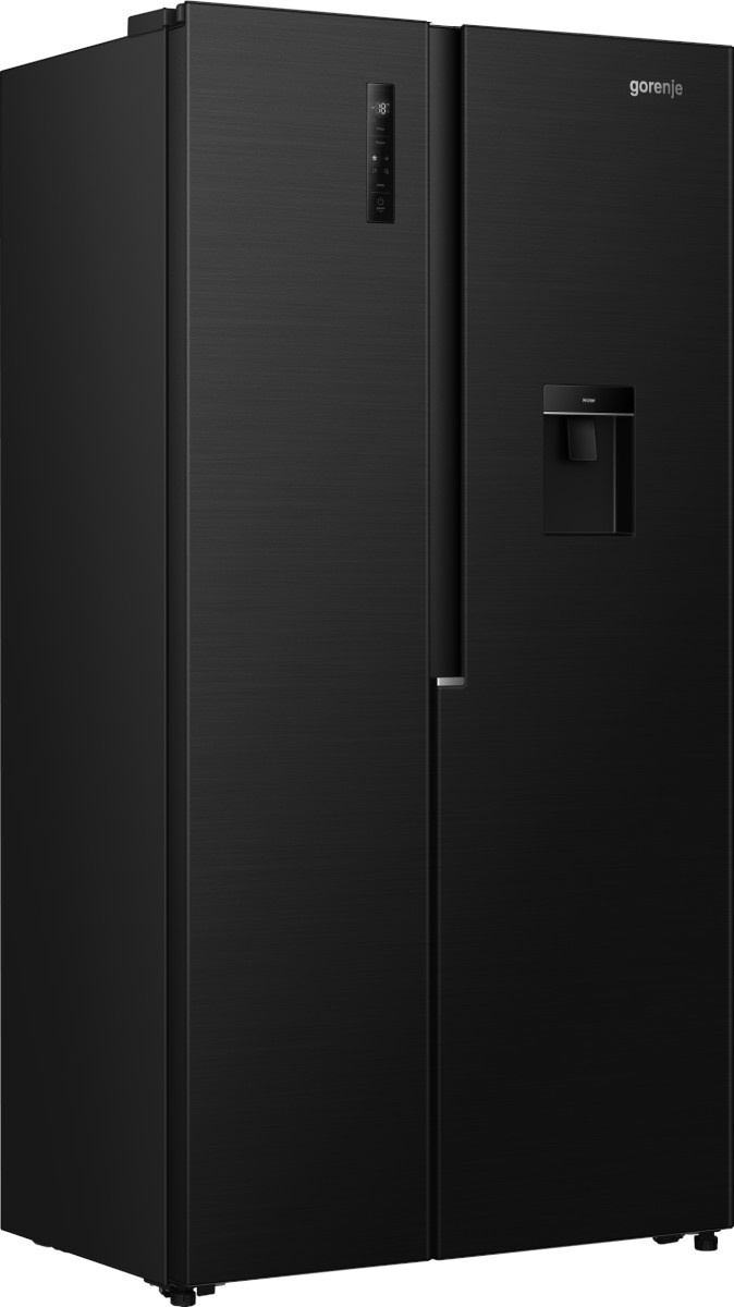 Czarna lodówka Gorenje dwudrzwiowa z dystrybutorem wody.