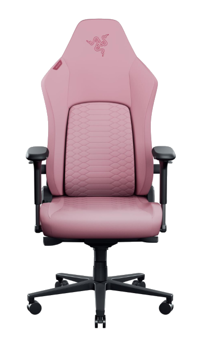 Różowe krzesło gamingowe z akcentem wężowej skóry i logo Razer.