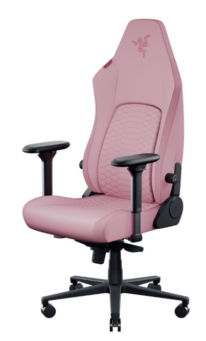 Różowe krzesło gamingowe z czarnymi podłokietnikami i logo Razer na zagłówku.