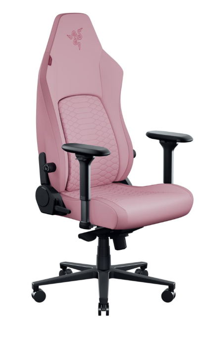 Różowe krzesło gamingowe z czarną podstawą i podłokietnikami.