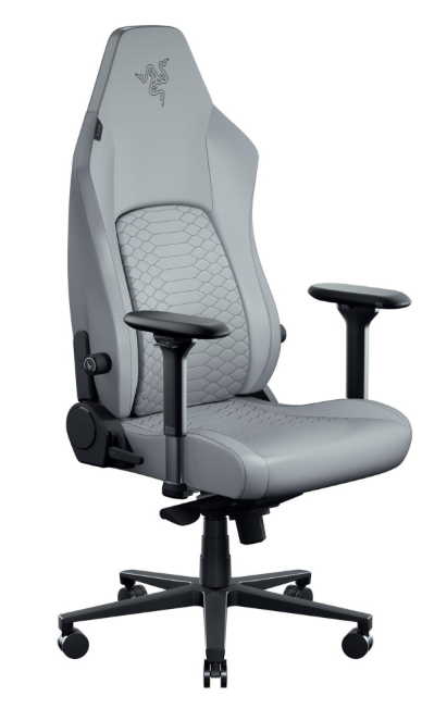 Szary fotel gamingowy z logo Razer i wstawką siedzenia we wzór węża.