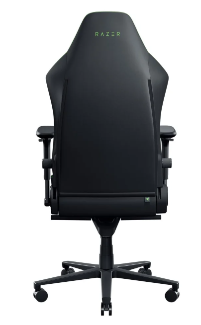 Czarny fotel gamingowy Razer widziany od tyłu, z zielonym logo na górze i dole.
