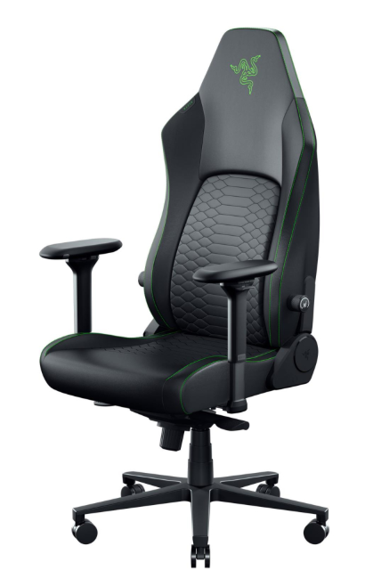 Czarny fotel gamingowy z zielonymi akcentami i logo Razer.