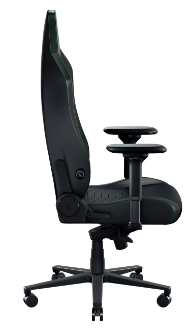 Czarny fotel gamingowy z zielonymi akcentami, widok z boku.