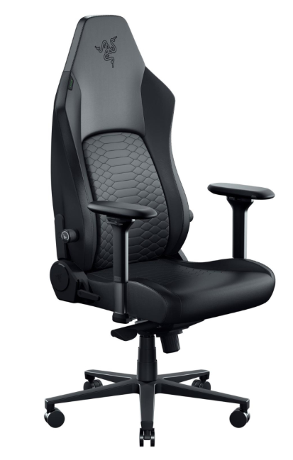 Czarny fotel gamingowy z logo Razer. Ergonomiczny i regulowany.