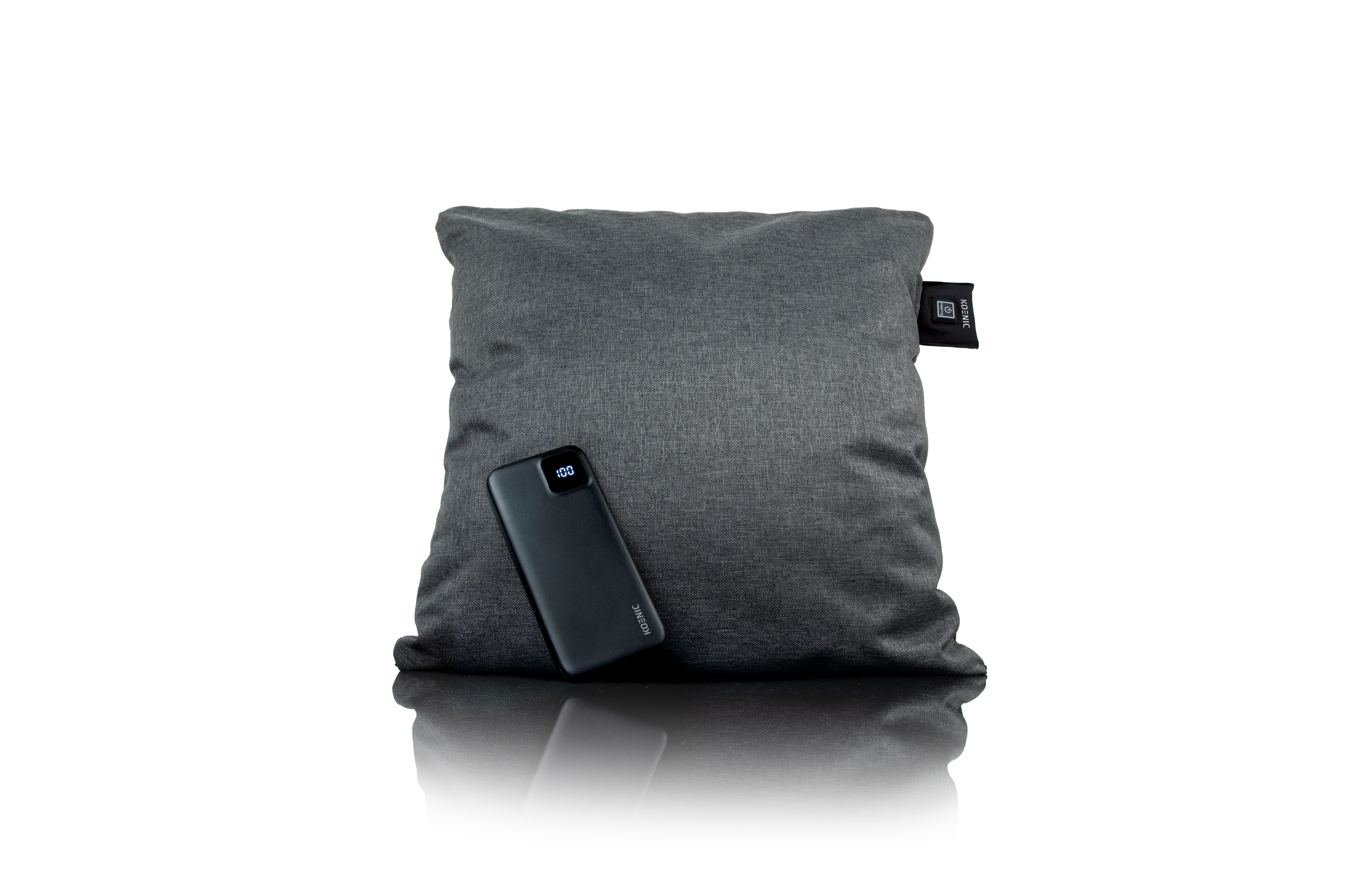 Graues Kissen mit schwarzem Powerbank und Digitalanzeige