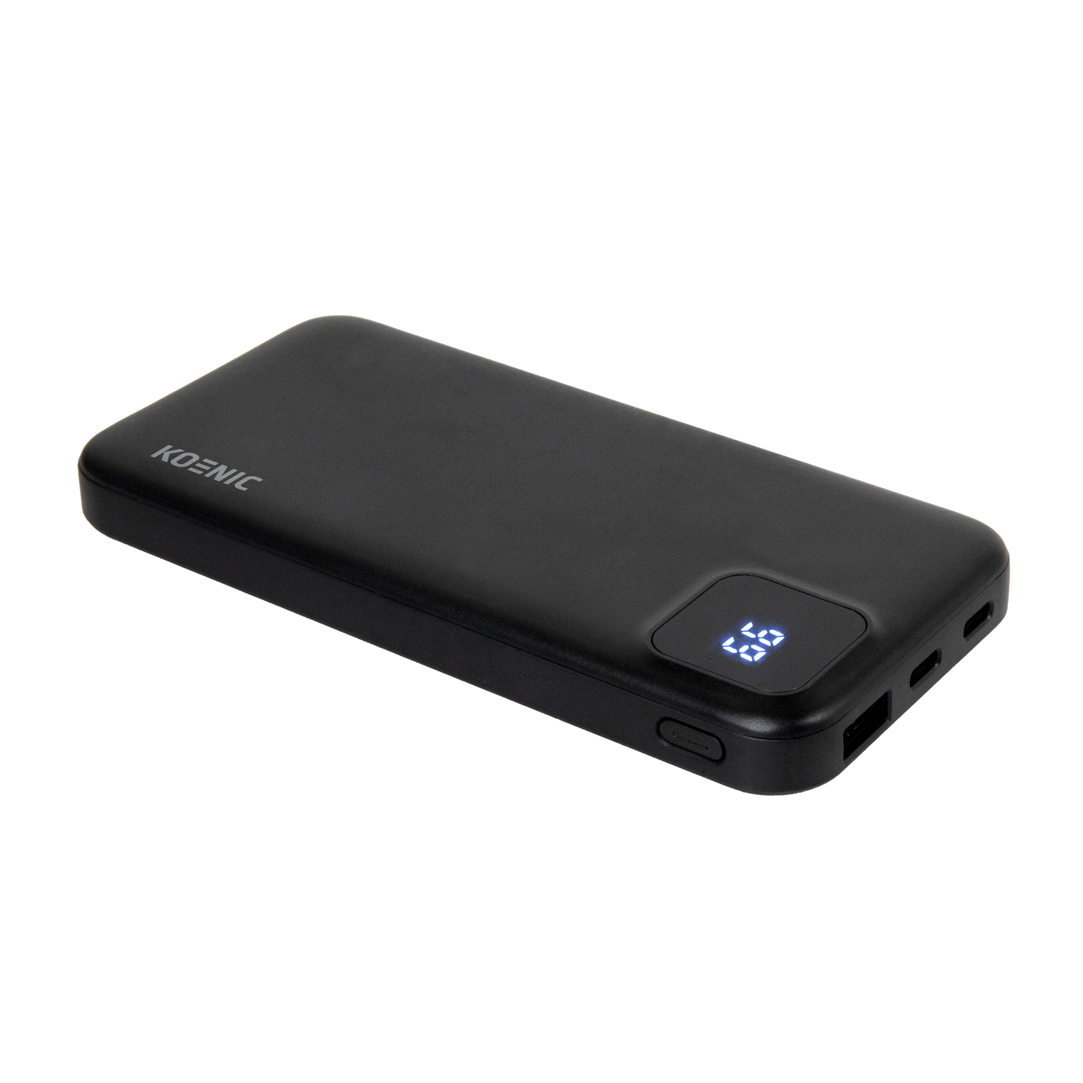 Schwarzes Powerbank mit KOENIC-Logo und digitaler Anzeige. USB-Anschlüsse sichtbar.