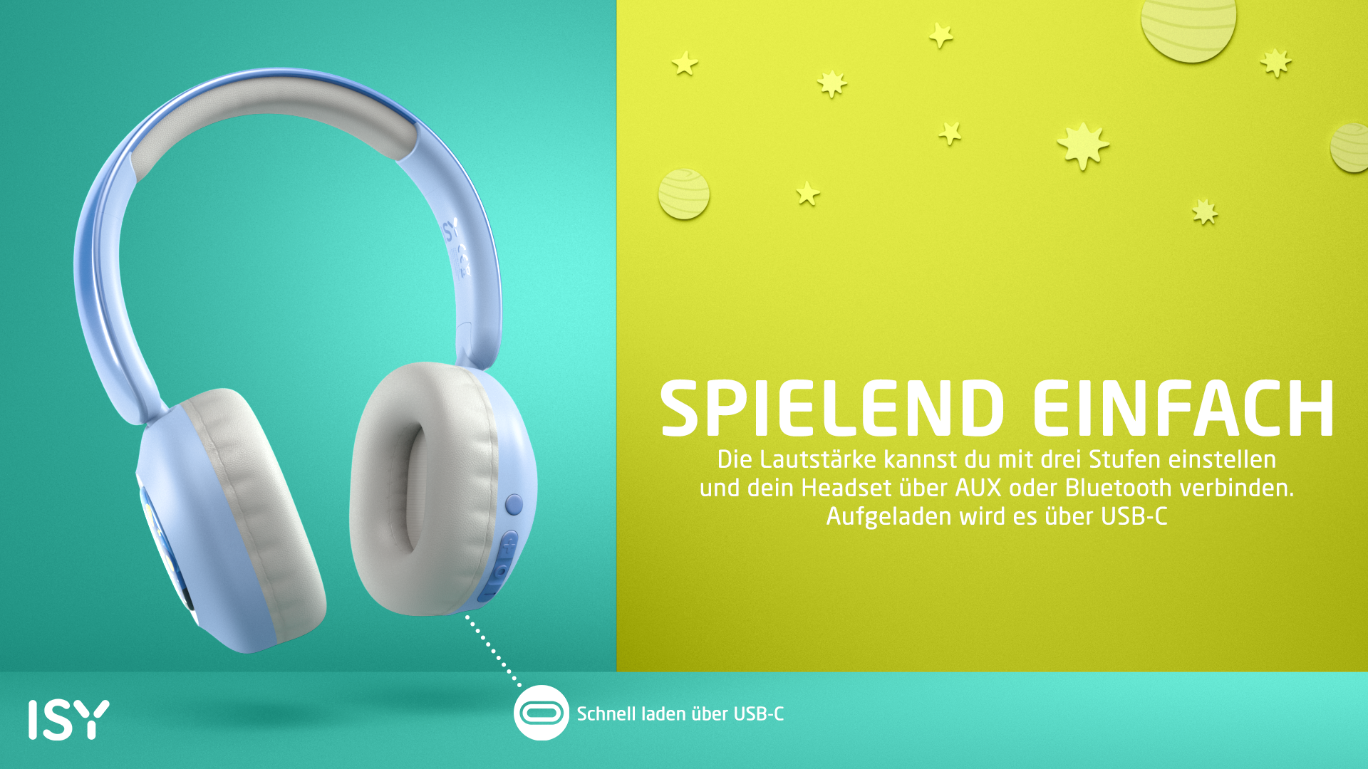 Ein hellblaues Headset mit weißen Polstern lädt über USB-C. Text auf gelbem Hintergrund.