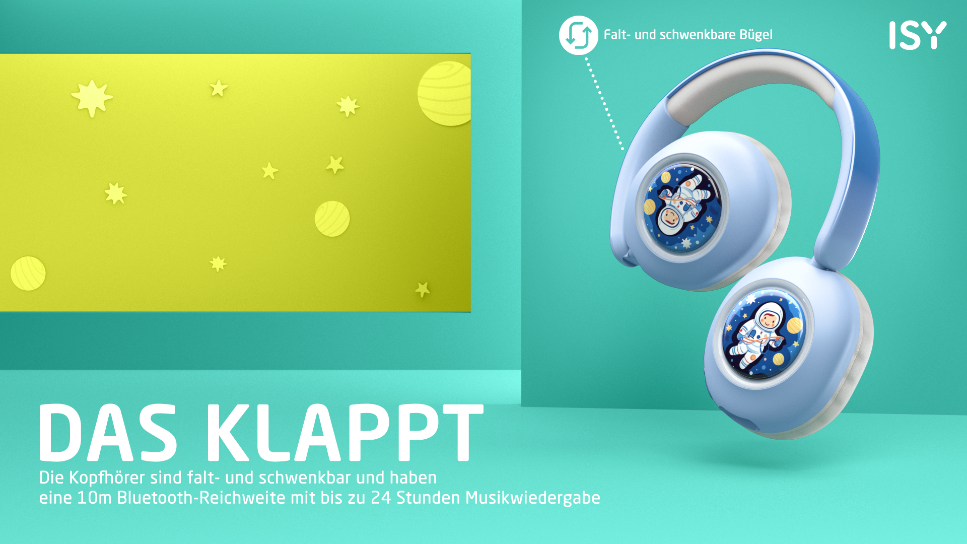 Blaue Kopfhörer mit Astronauten-Motiv auf gelbem Hintergrund mit Sternen.