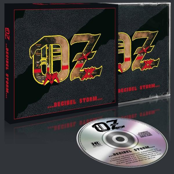 CD-Cover und CD "Oz Decibel Storm" mit schwarzem Hintergrund und rotem Design.