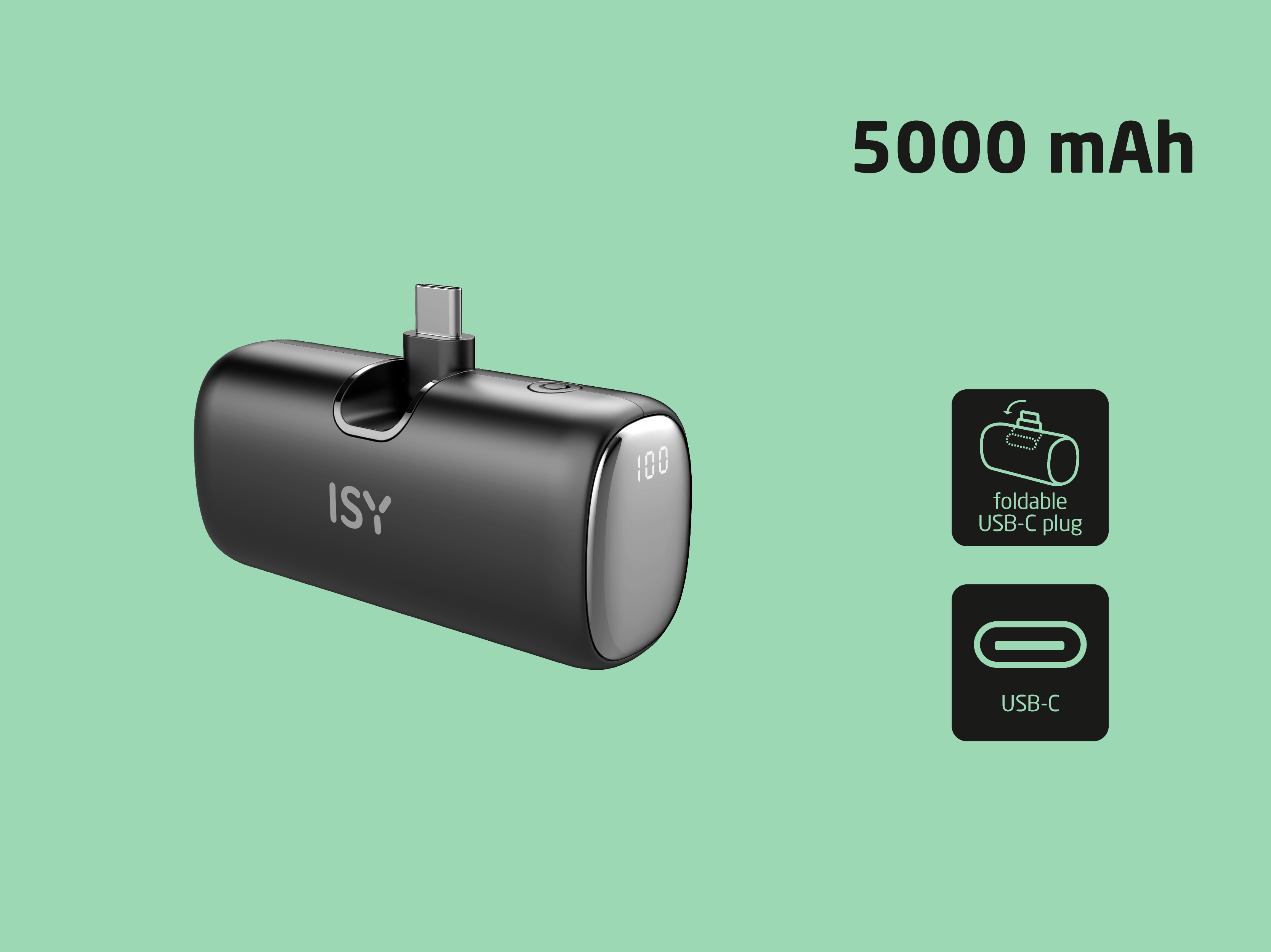 Batería compacta negra con enchufe USB-C, 5000 mAh.