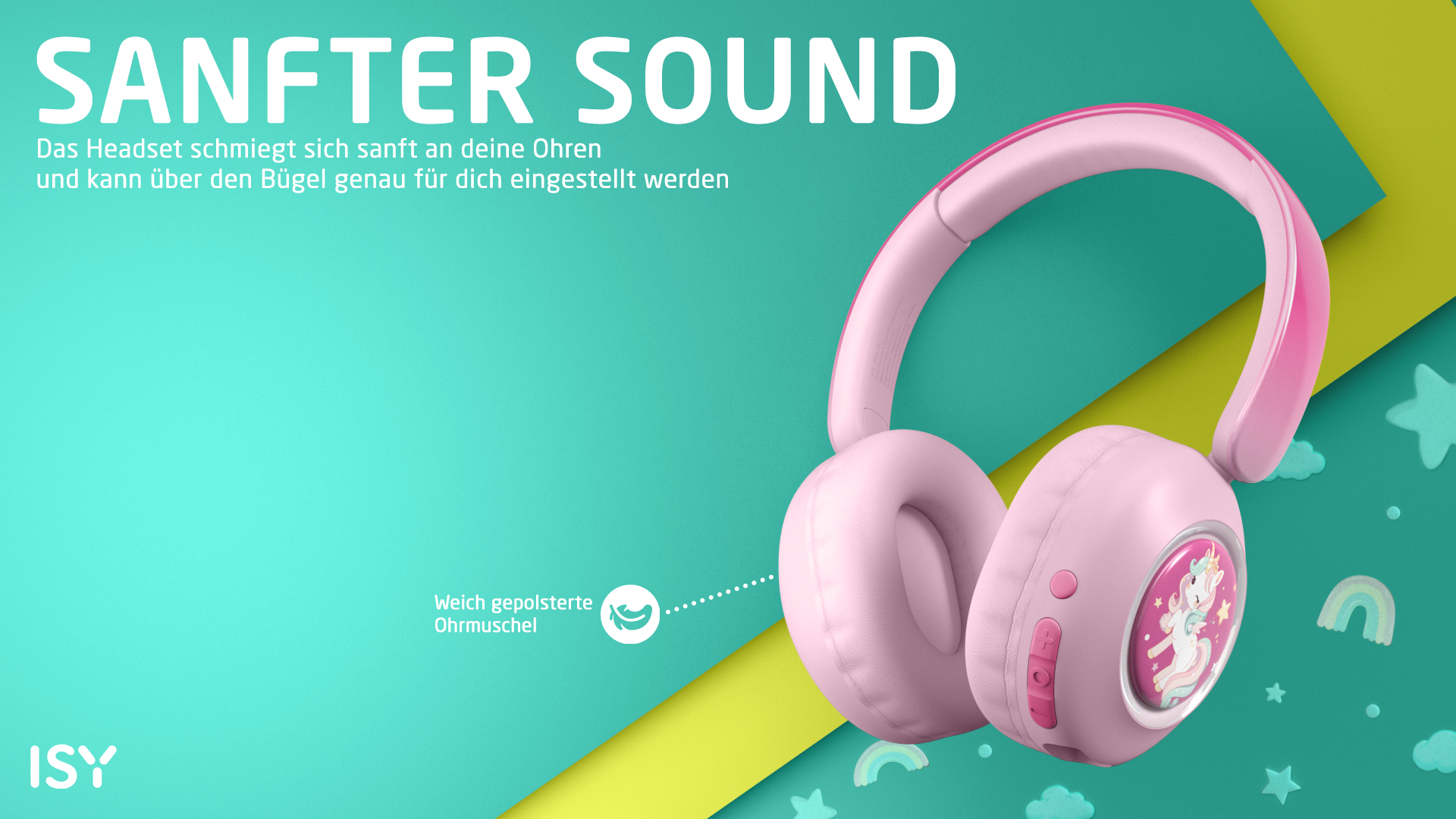 Ein rosafarbenes Headset mit Einhorn-Motiv und weichen Ohrmuscheln.