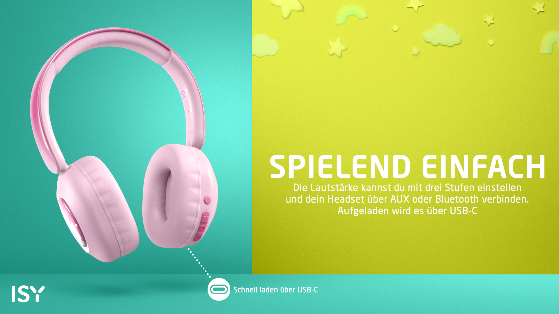 Pinke ISY Kopfhörer mit Lautstärketasten und USB-C Ladeanzeige.
