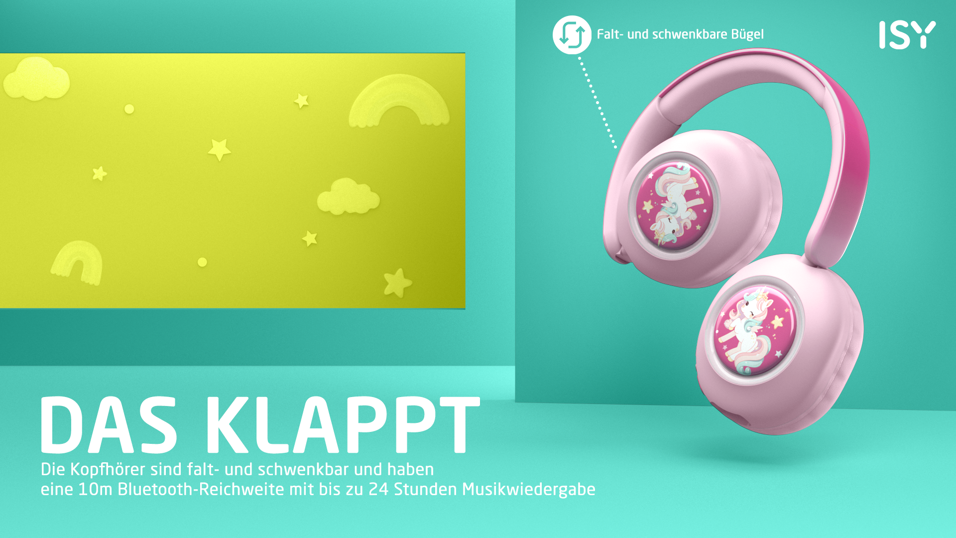 ISY Kopfhörer mit Einhorn-Motiv, faltbar, schwenkbar, Bluetooth, 24h Akku.