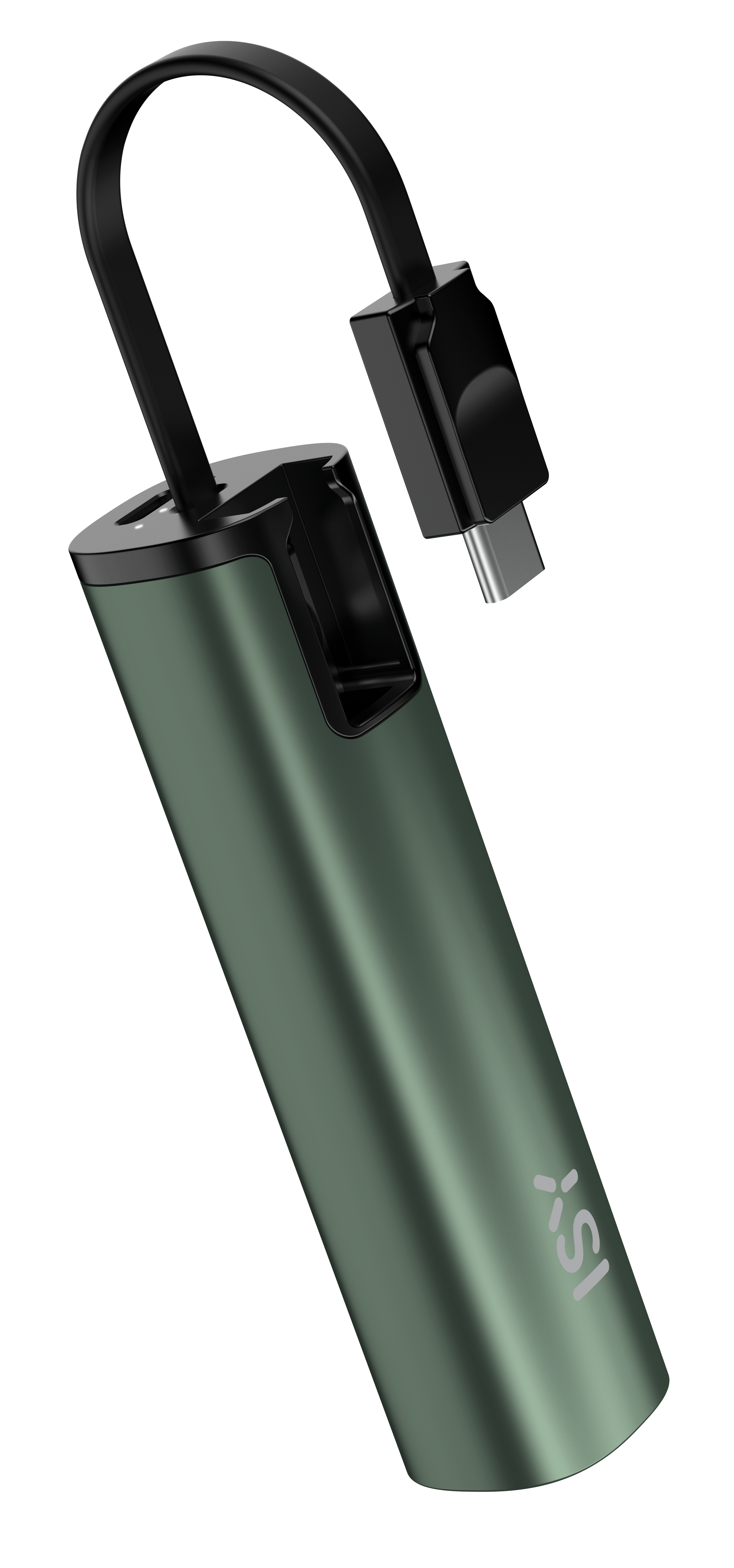 Zielony power bank z czarnym kablem i złączem USB-C, na czarnym tle.
