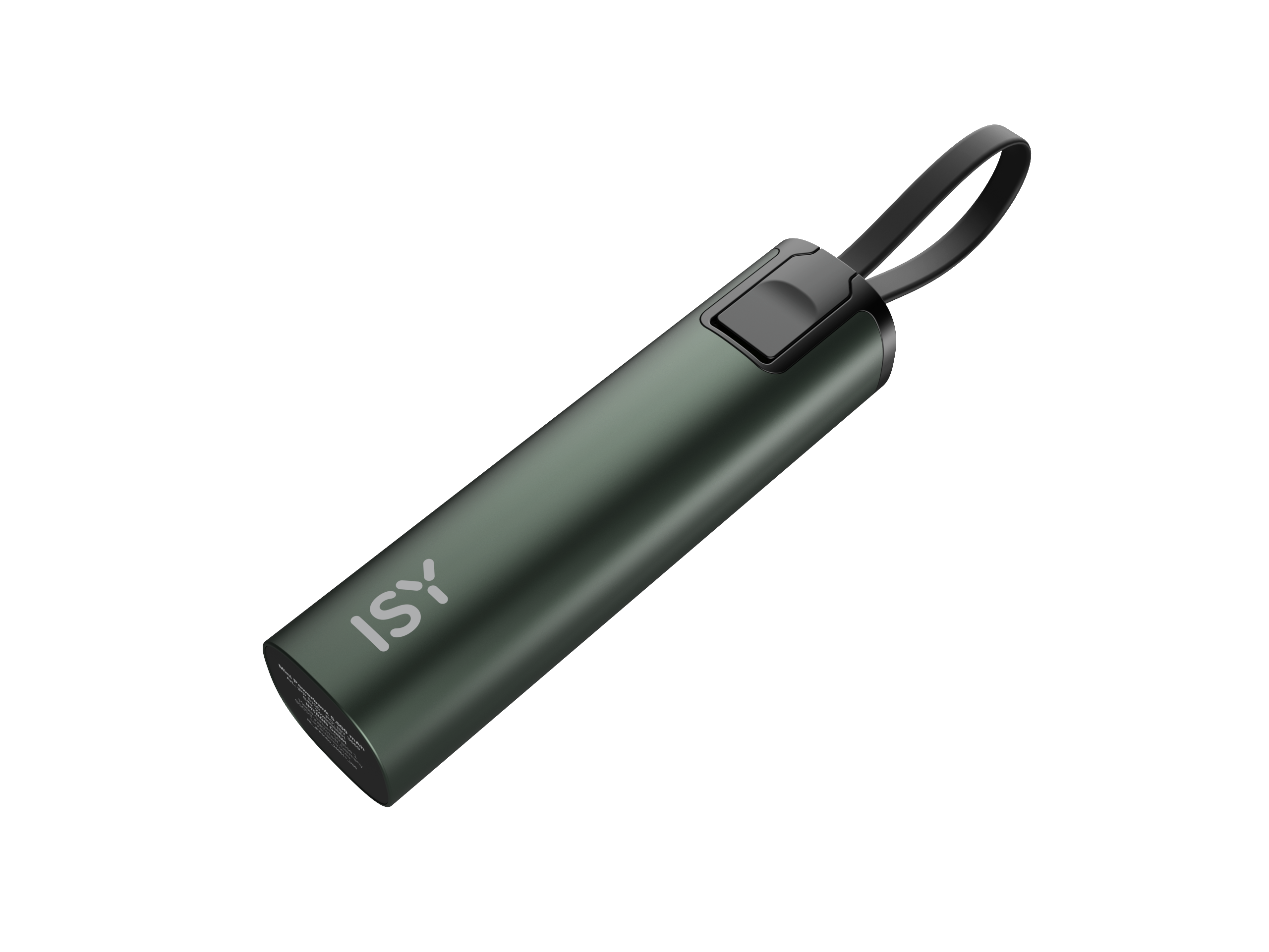 Ciemnozielony power bank z srebrnym logo i czarnym paskiem.