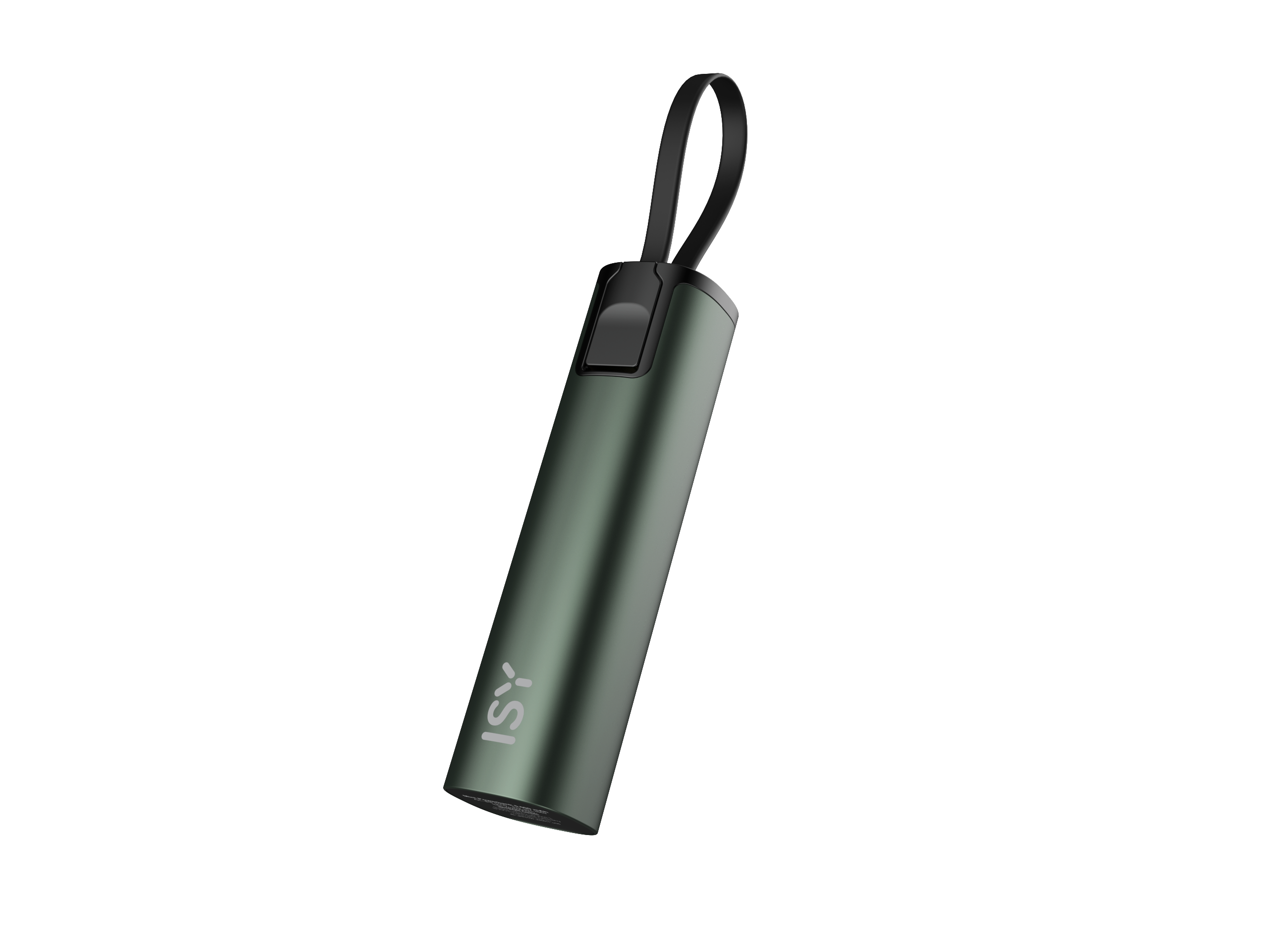 Zielony powerbank z czarną pętlą i srebrnym logo ISY.