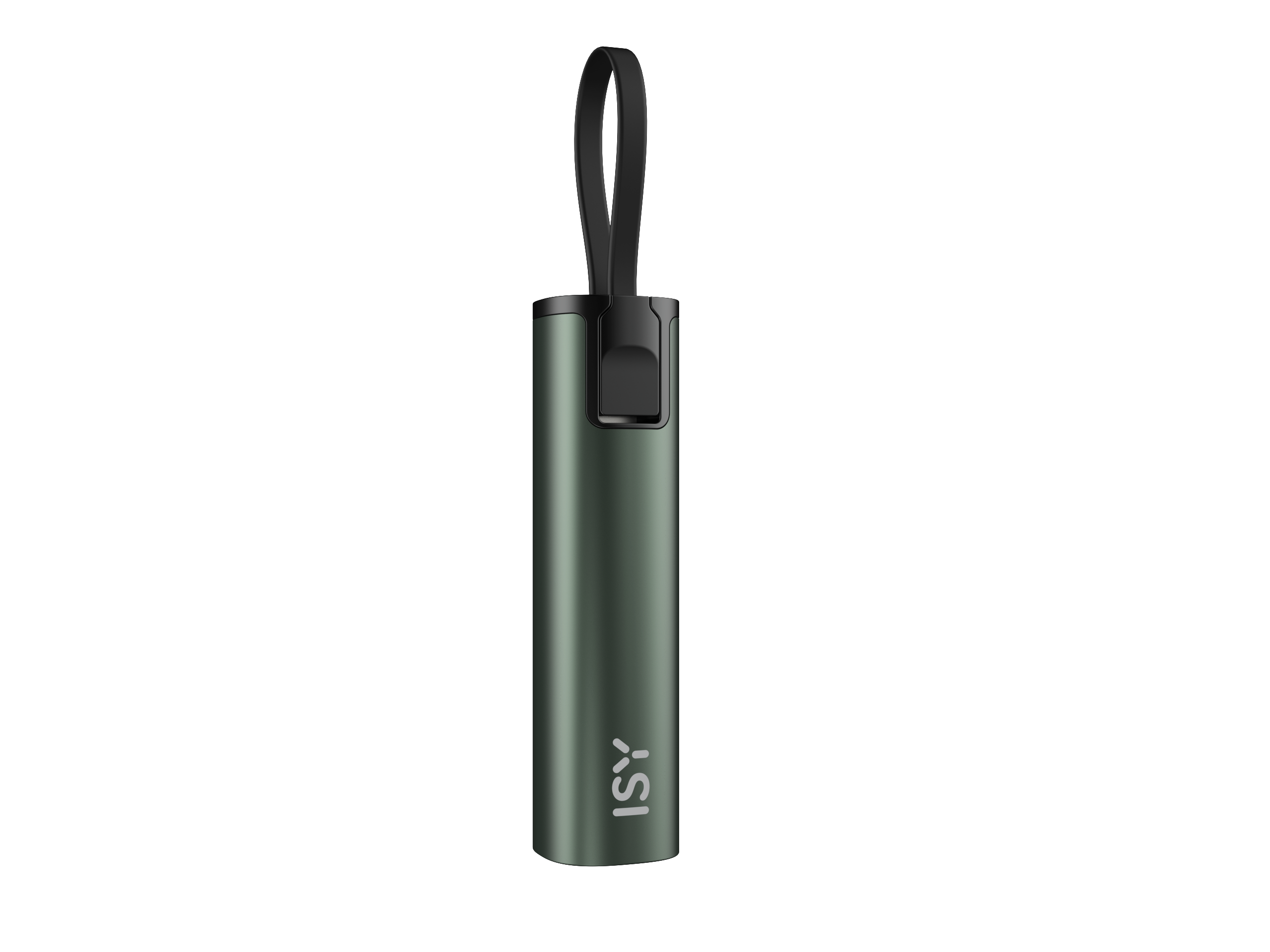 Zielony, cylindryczny power bank z czarnym paskiem i srebrnym logo.