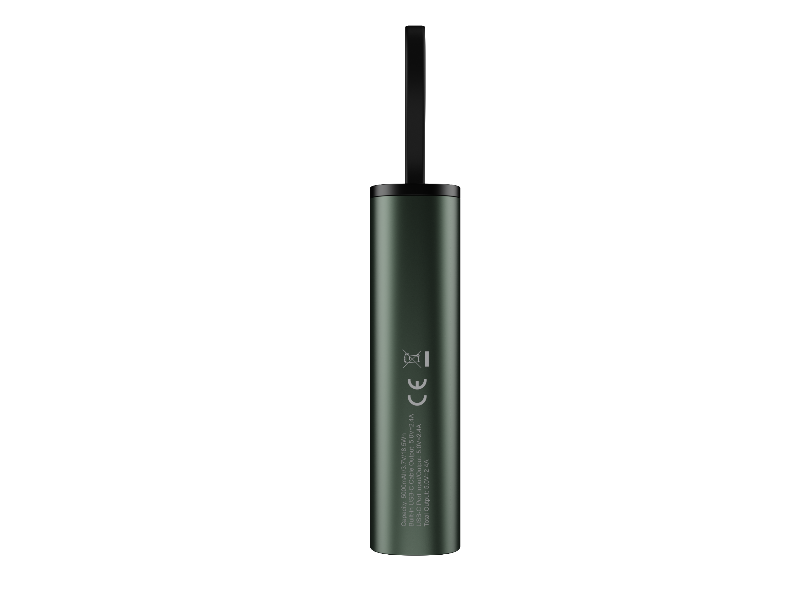 Ciemnozielony cylindryczny powerbank z czarnym uchwytem.