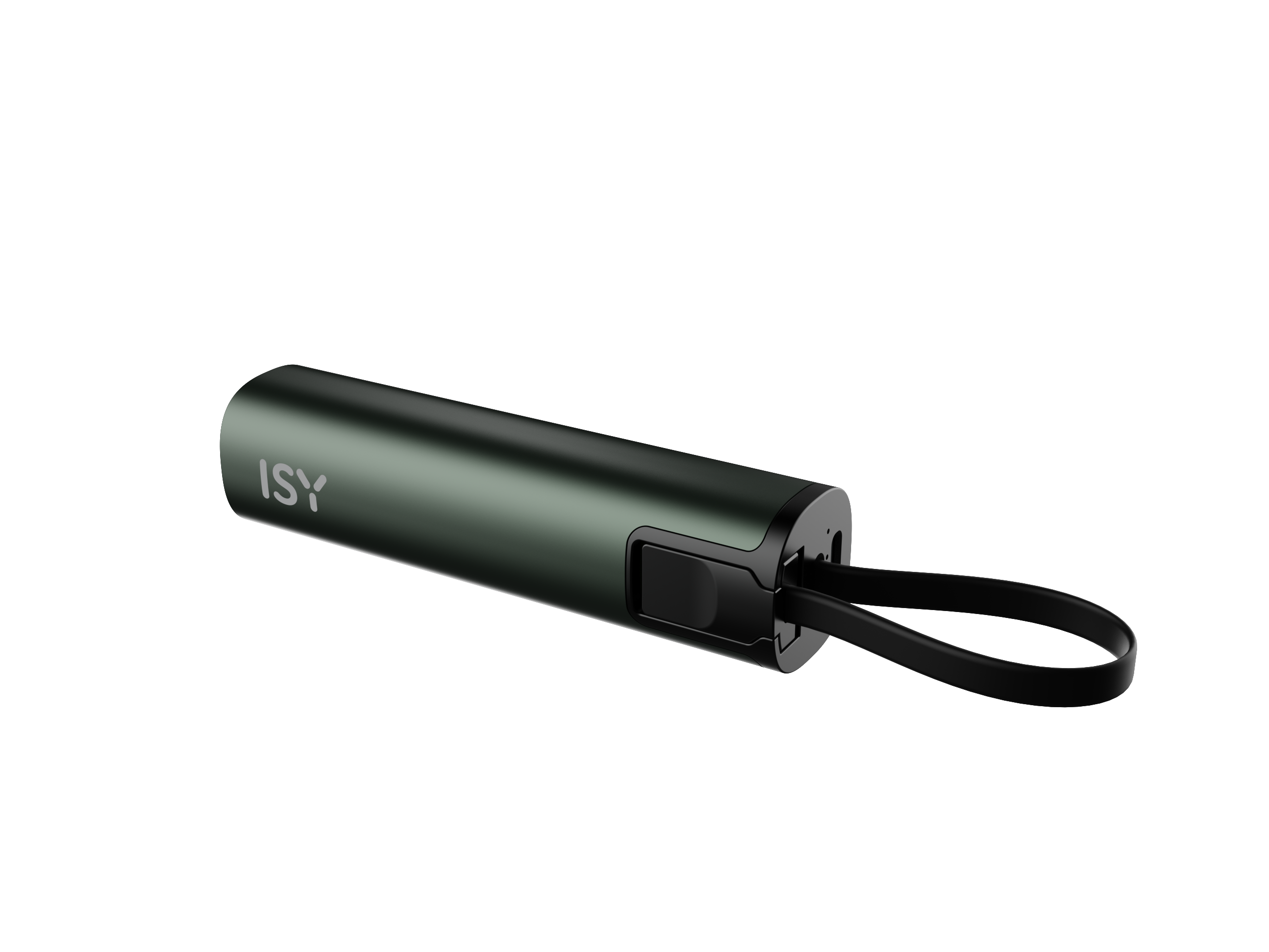 Ciemnozielony, cylindryczny kabel ładujący z czarną pętlą i logo ISY.