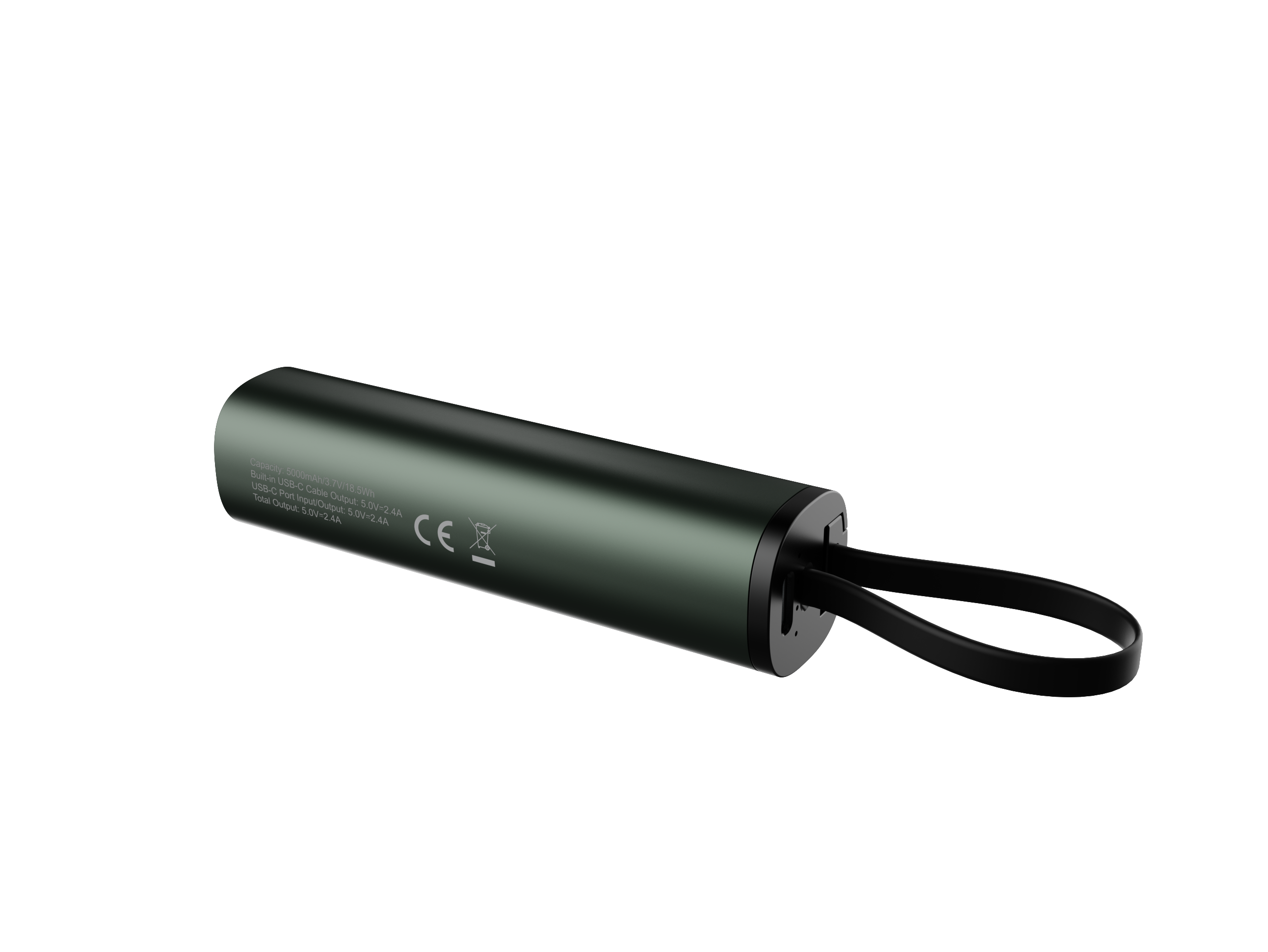 Ciemnozielony, cylindryczny powerbank z oznaczeniem CE, portem USB-C i pętlą.