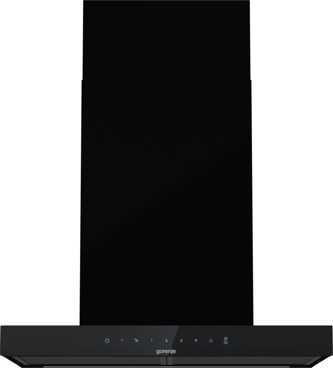Czarny okap kuchenny z panelami dotykowymi i logo Gorenje.