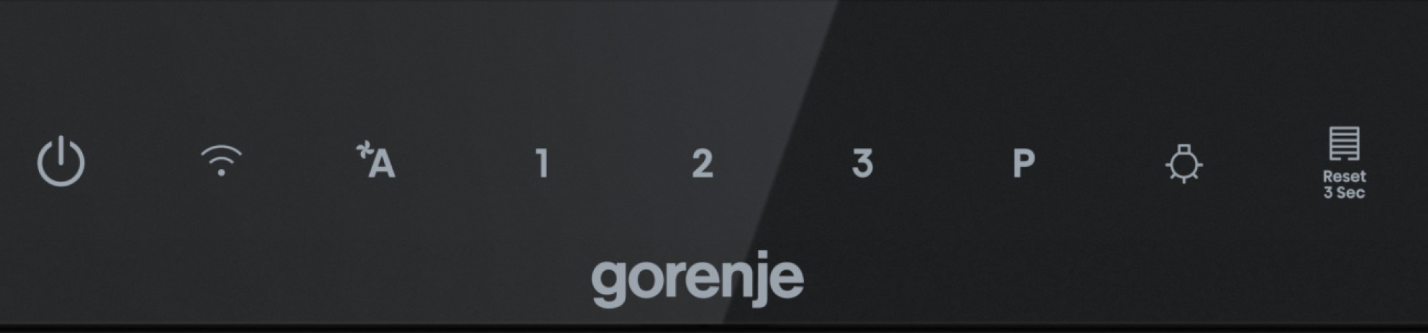 Logo Gorenje z ikonami zasilania, Wi-Fi, A, 1, 2, 3, P, ustawień i reset.