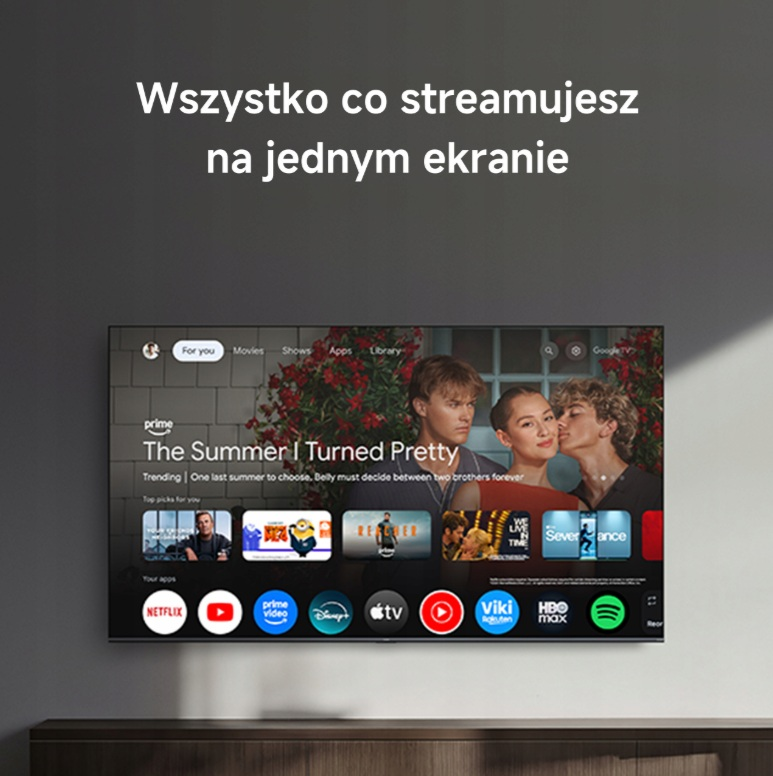 Ekran telewizora wyświetla aplikacje takie jak Netflix i Prime Video, z serialem 'The Summer I Turned Pretty'.