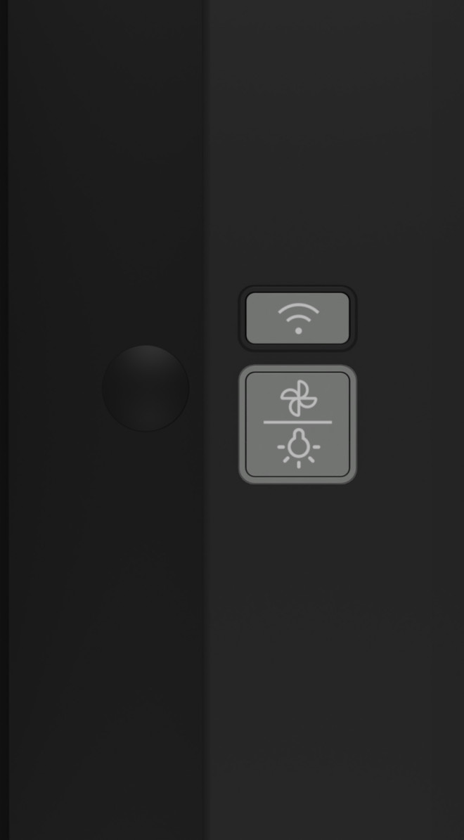 Czarne urządzenie z ikonami Wi-Fi, wentylatora i żarówki.