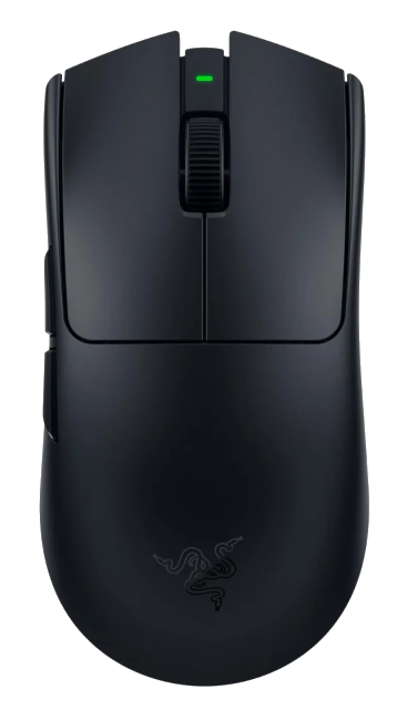 Czarna mysz gamingowa z logo Razer i zielonym wskaźnikiem.