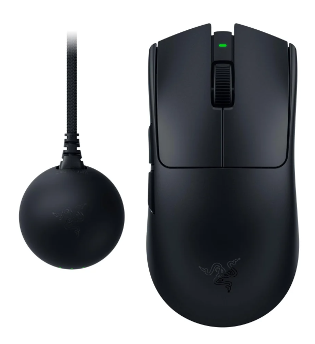 Czarna mysz z kulistym donglem i plecionym kablem. Świeci się zielone światło.