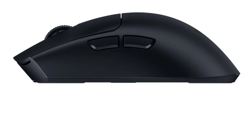 Czarna mysz komputerowa z kółkiem przewijania i dwoma przyciskami bocznymi.