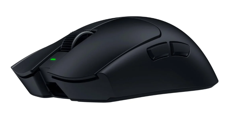 Czarna mysz komputerowa z podświetlanym zielonym kółkiem i przyciskami bocznymi.