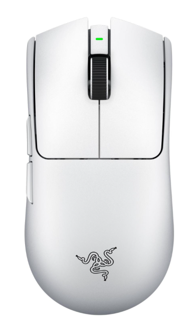 Biała mysz gamingowa z logo Razer i zielonym światłem na kółku.