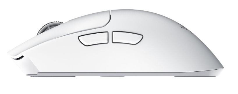 Biała mysz komputerowa z kółkiem i dwoma bocznymi przyciskami.