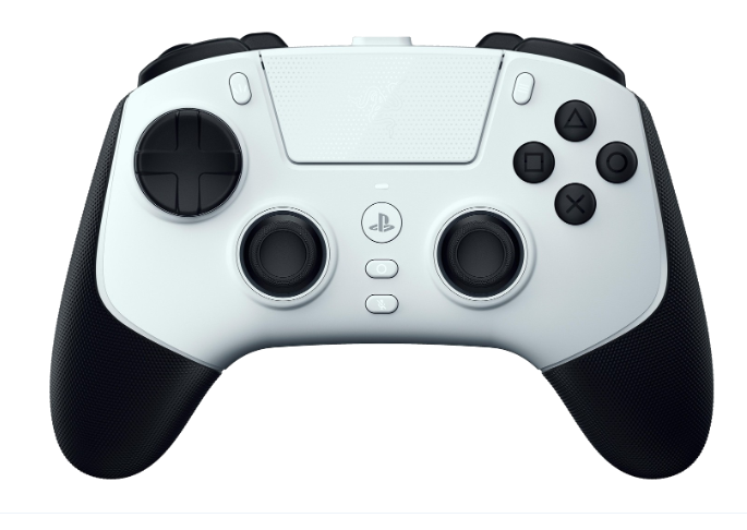 Biały i czarny kontroler do gier z czarnymi przyciskami i joystickami.