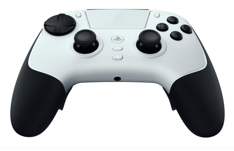 Biały kontroler do gier wideo z czarnymi uchwytami i przyciskami.