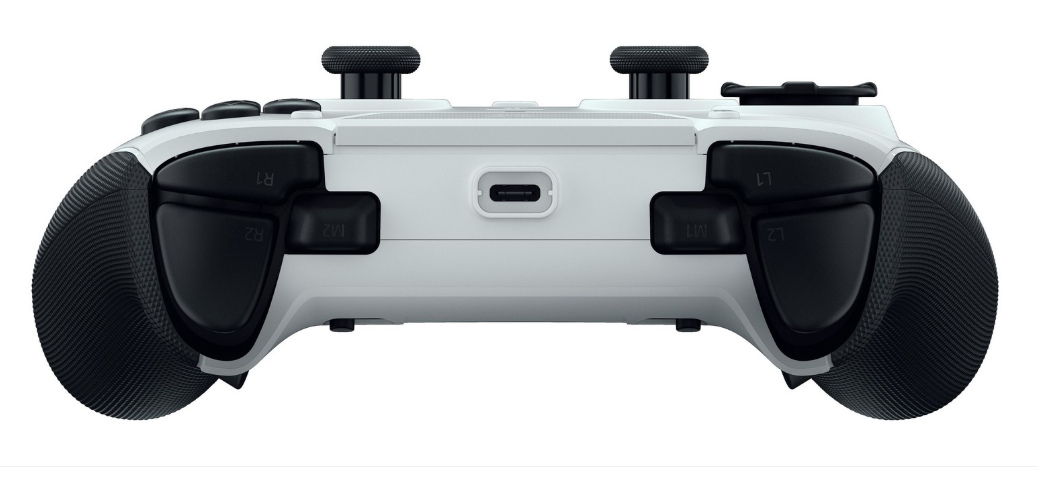 Biały kontroler z czarnymi uchwytami, przyciskami i portem USB-C.