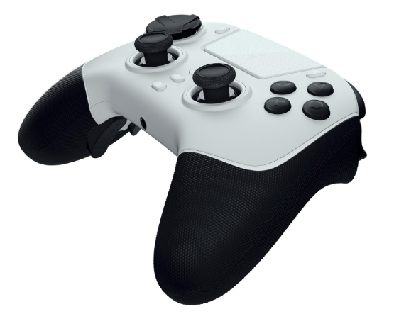 Biały i czarny kontroler do gier wideo z dwoma analogowymi drążkami i przyciskami.