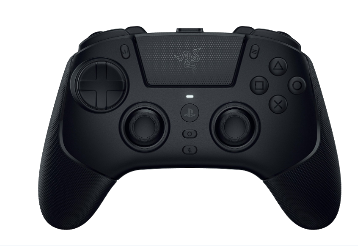 Czarny kontroler do gier z dwoma joystickami, krzyżakiem i przyciskami.