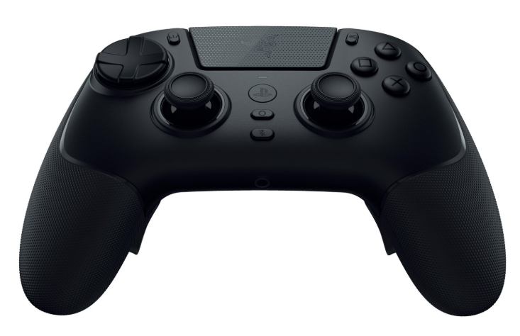 Czarny kontroler do gier wideo z dwoma joystickami, krzyżakiem i przyciskami.