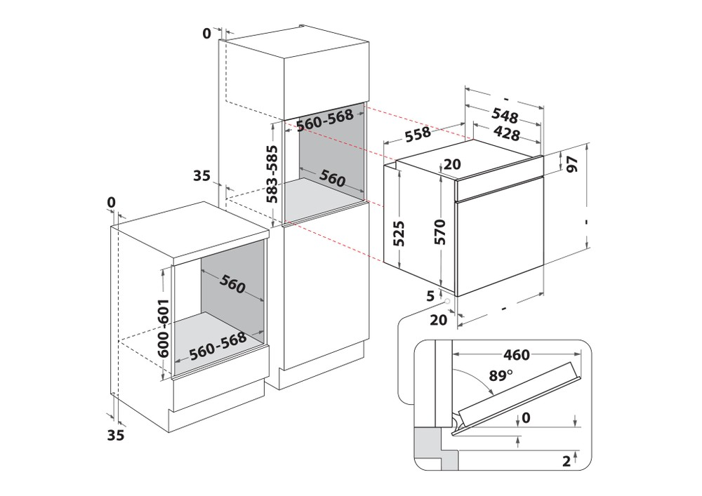 Diagramm mit Abmessungen von Einbauküchengeräten, wahrscheinlich Backofen und Spülmaschine.
