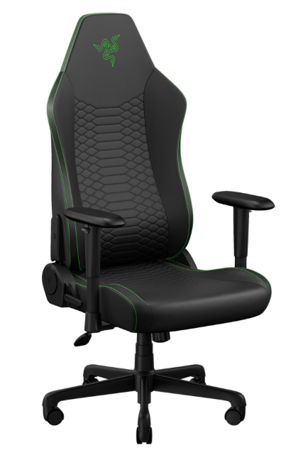 Czarny fotel gamingowy z zielonymi akcentami i oparciem ze wzorem węża.