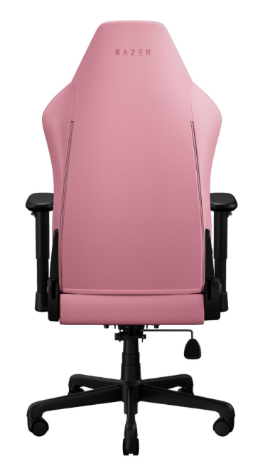 Widok z tyłu różowego fotela gamingowego Razer z czarną podstawą.
