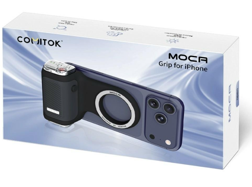 Pudełko pokazujące ciemnoniebieski uchwyt MOCA do iPhone'a z kontrolkami.