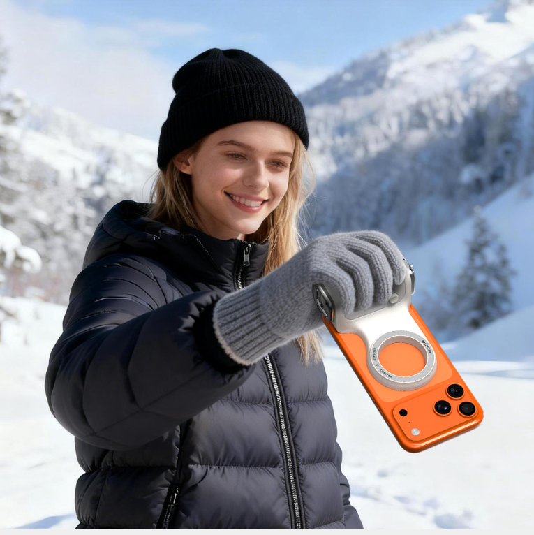 Młoda kobieta w zimowym ubraniu trzyma pomarańczowy telefon z aparatem na tle zaśnieżonych gór.