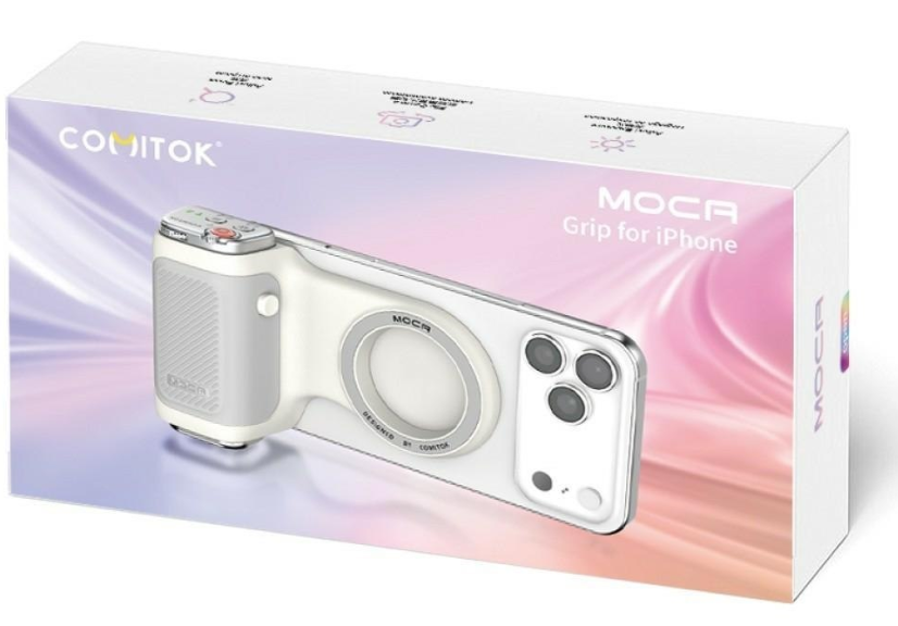 Biały uchwyt MOCA do iPhone'a na pudełku, z designem obiektywu aparatu.
