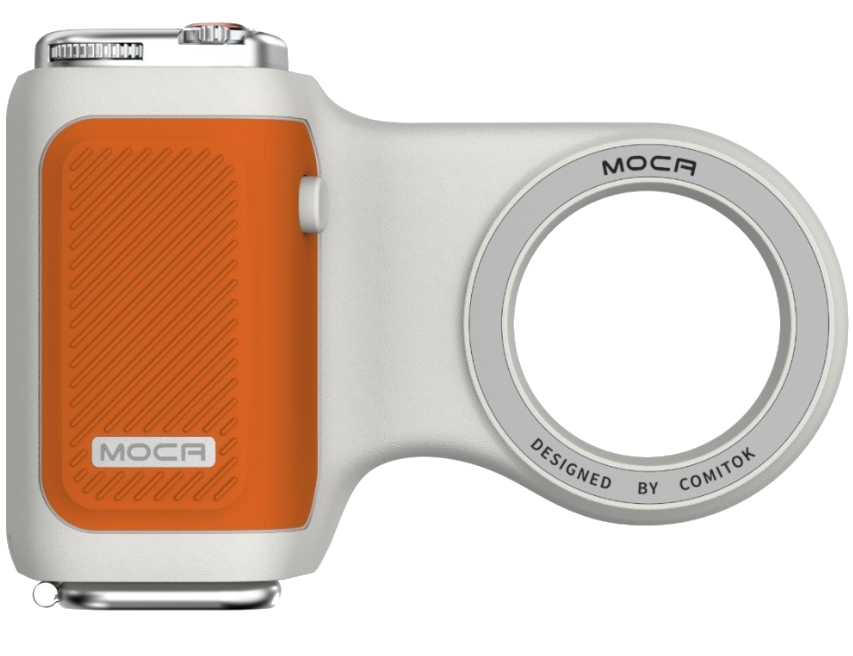 Białe urządzenie MOCA z pomarańczowym panelem akcentującym i pierścieniem.